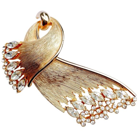 VTG Signed JJ Brooch 1960s Marquise Rhinestone Mid Century Gold Tone Pin - Picture 1 of 12